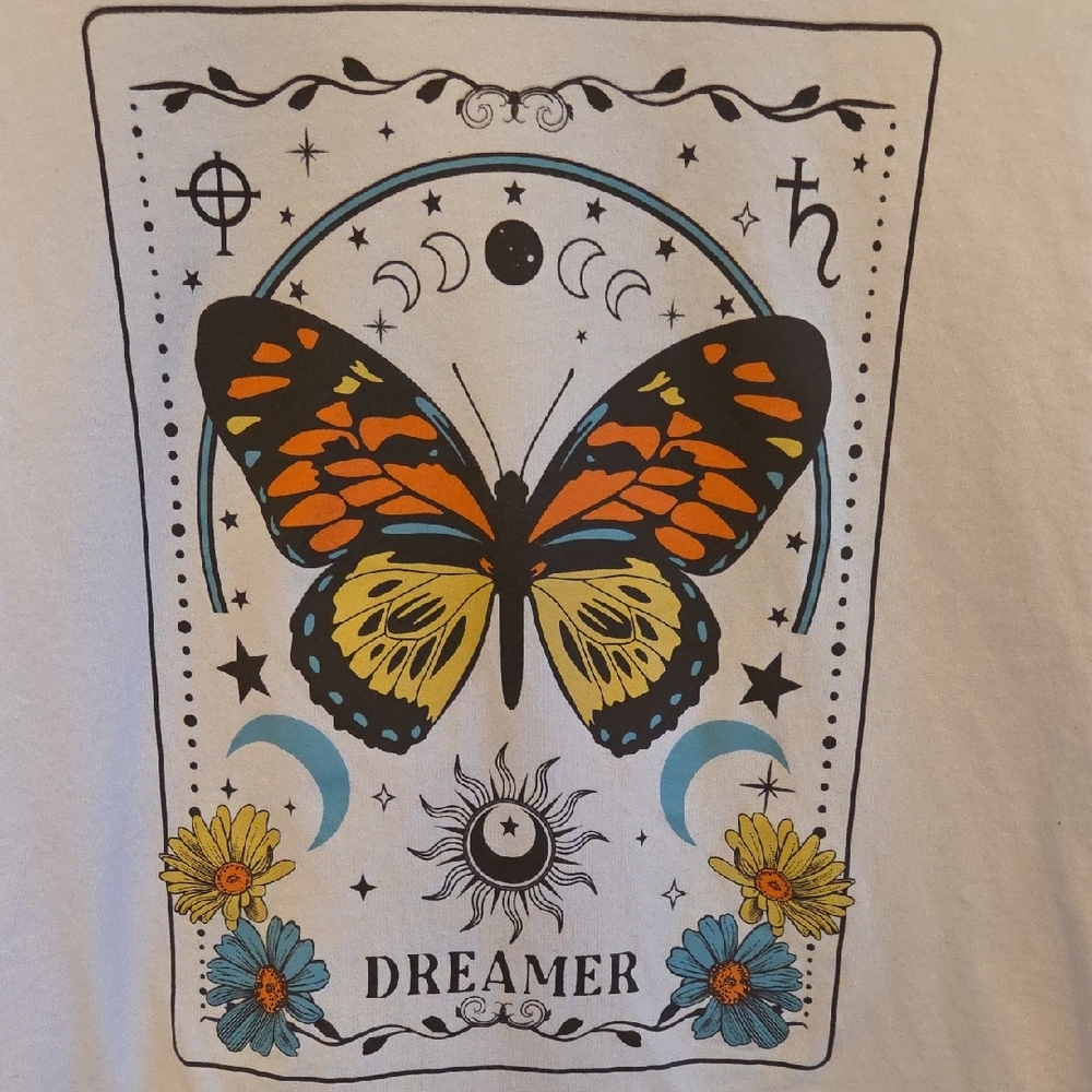 Butterfly Dreamer Moon Star Sun Daisy White Short Sleeve Tshirt - Picture 5 of 6